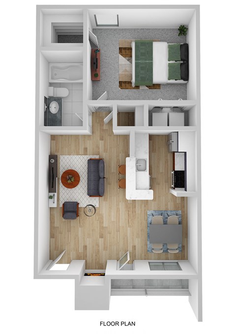 Floor plan for 1 bed, 1 bath, 613 sqft